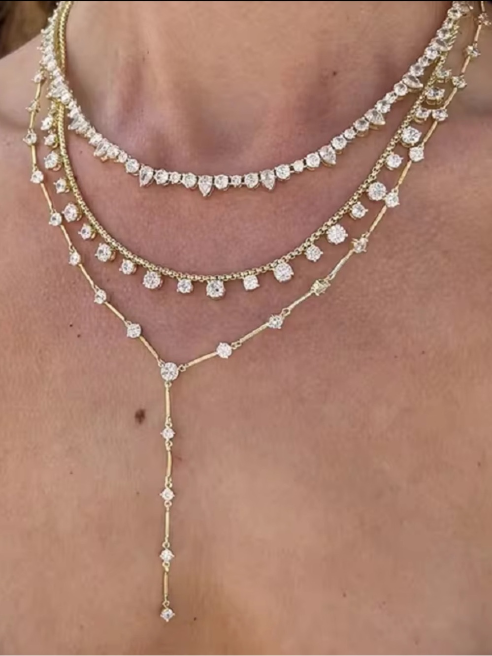 Layered Gold Crystal Y-Drop Necklace - Women's Jewelry